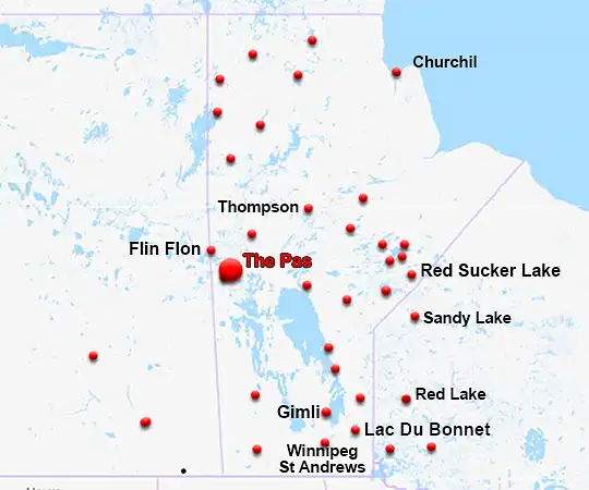 Map showing the location of The Pas in Manitoba